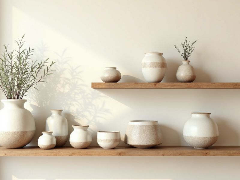 Neutral ceramic vase collection arranged on floating wooden shelving