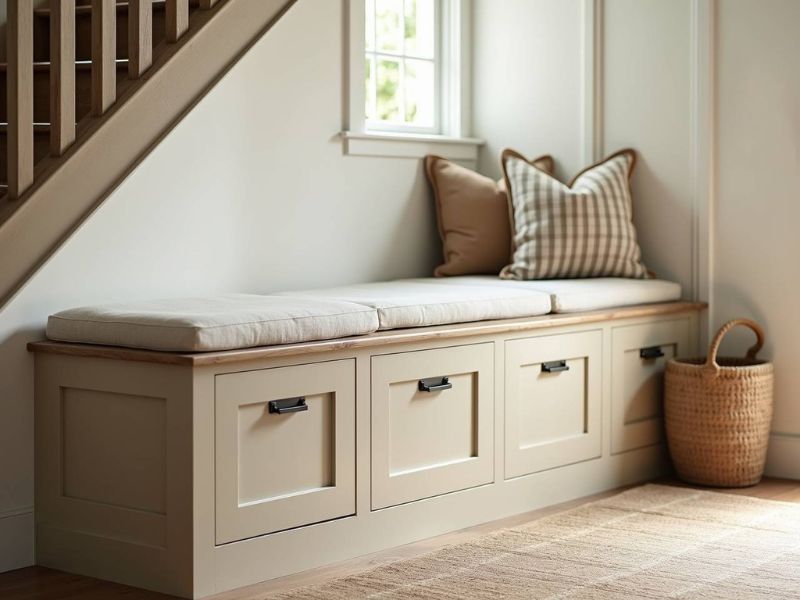 Built-in storage solutions with rustic charm showing organized shelving and cabinets