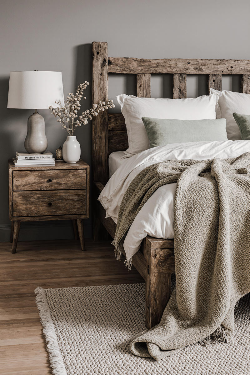 Serene bedroom with weathered wood headboard and natural textures