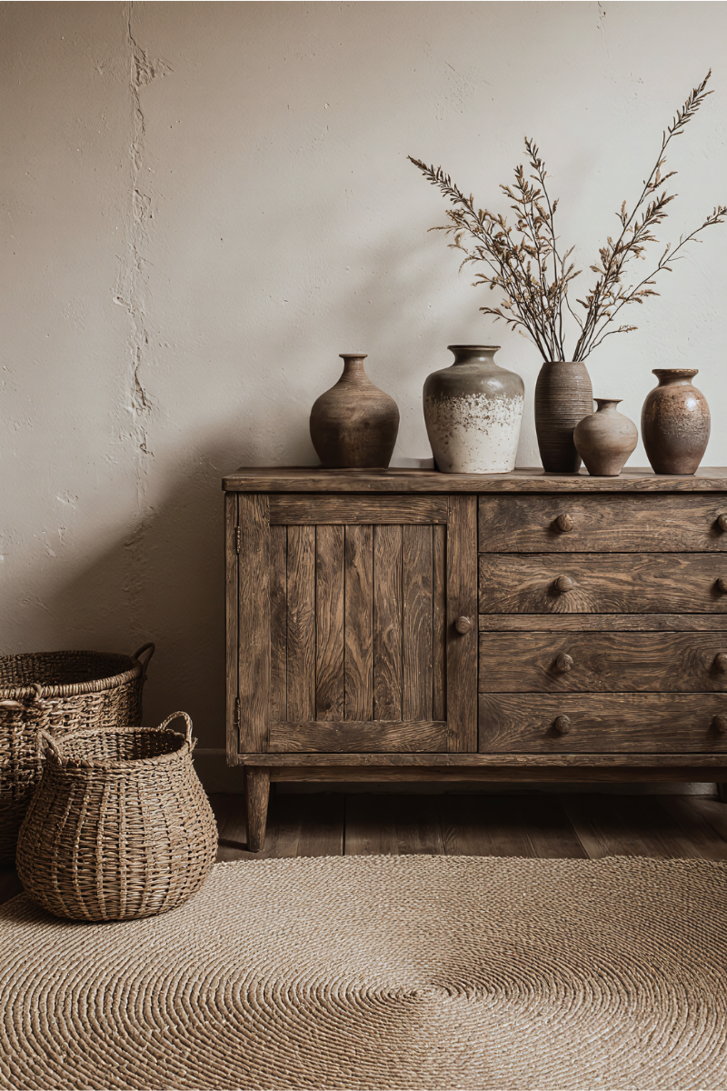 Weathered wood console table styled with ceramic pottery and natural elements