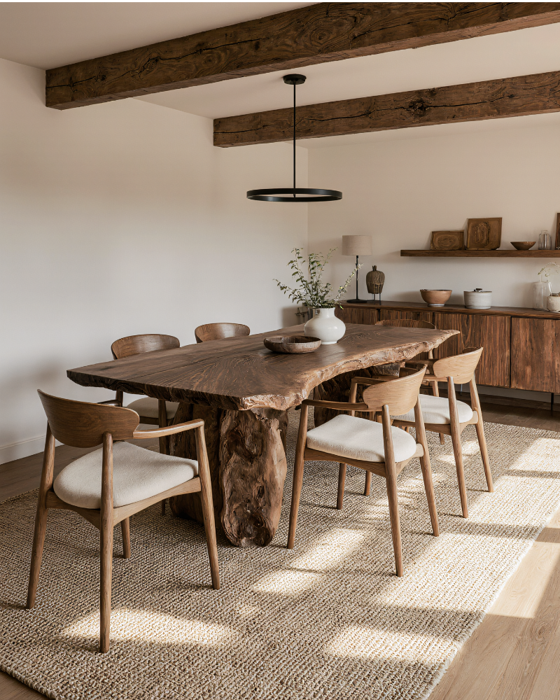Elegant dining room featuring a large weathered wood table with modern chairs