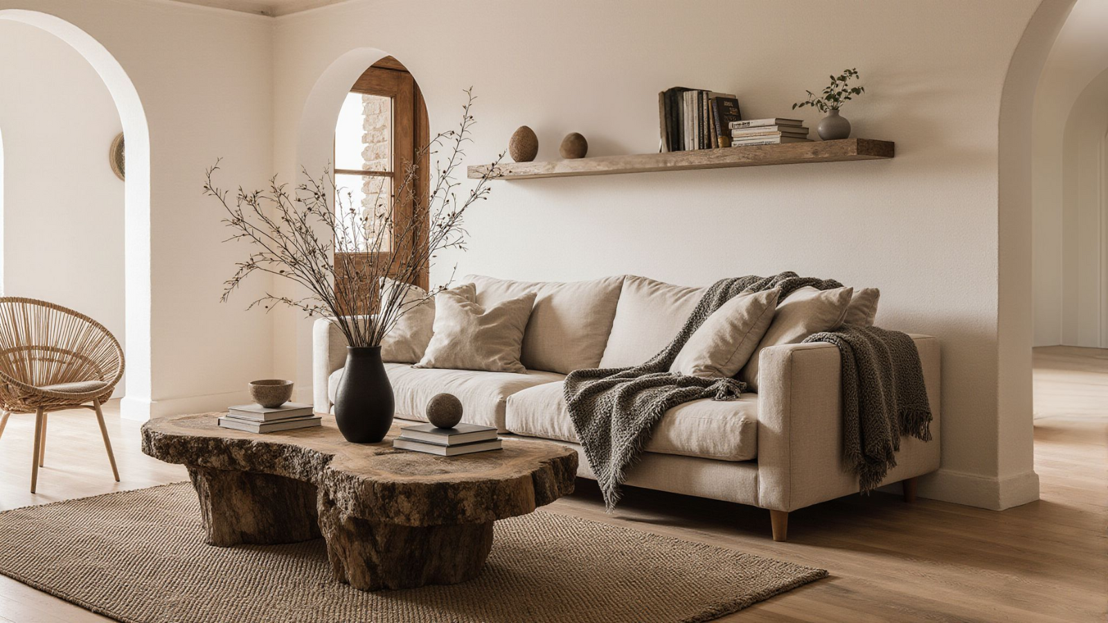 Serene bedroom with weathered wood headboard and natural textures