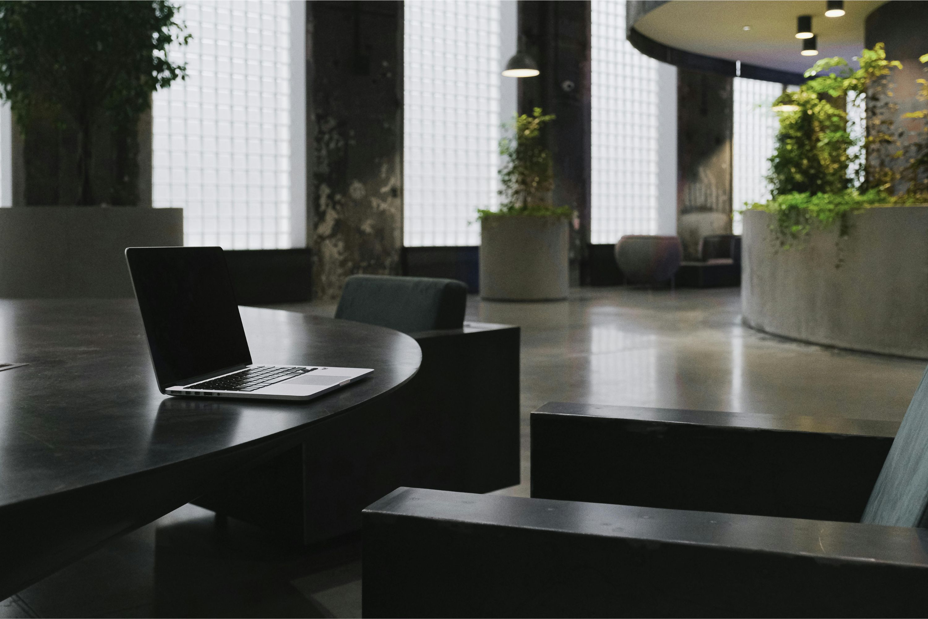 Modern office workspace with soft curves and natural materials