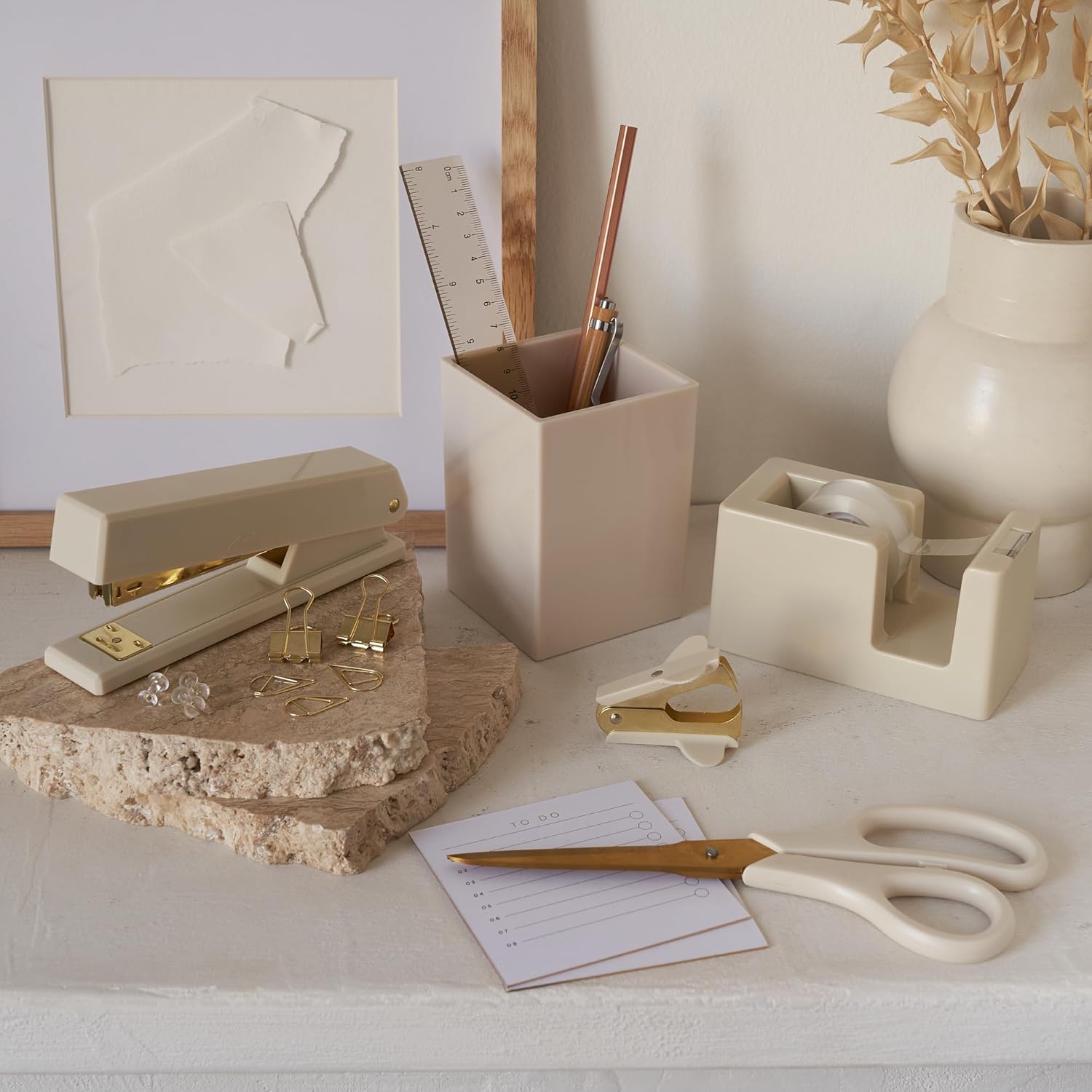 Matching desk accessories in beige