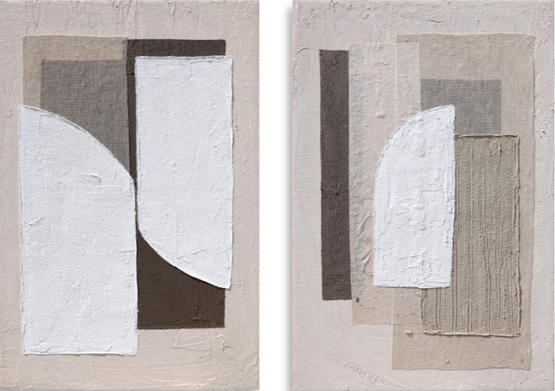 Two neutral abstract plaster texture paintings with layered materials and organic shapes
