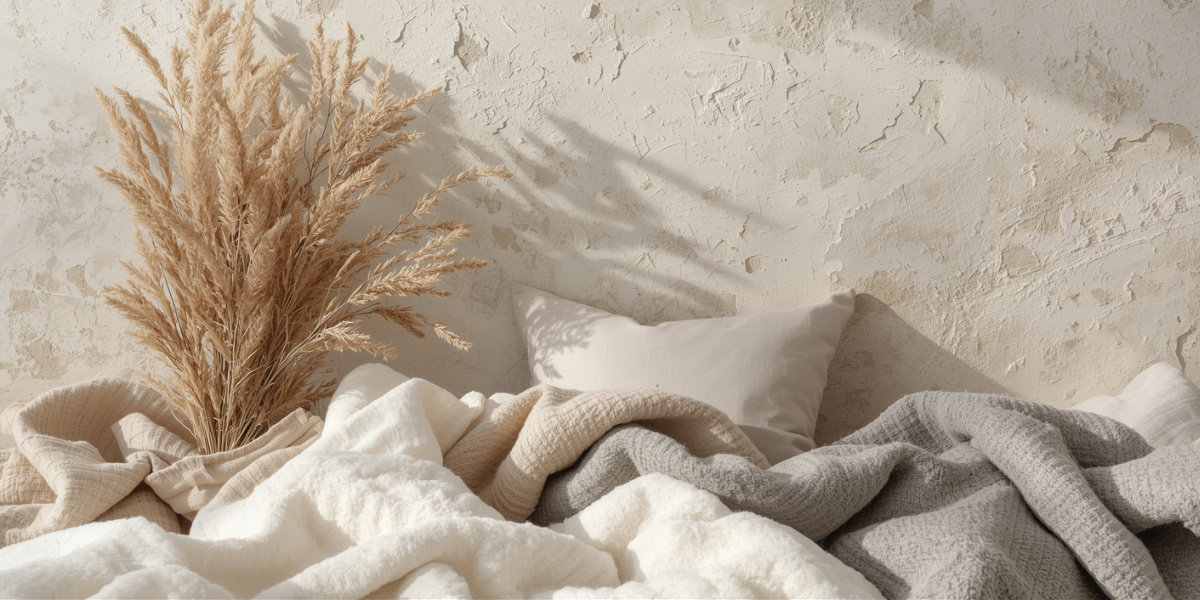 Neutral textural art displayed with complementary natural materials in a modern interior setting